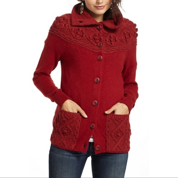 Anthropologie Sleeping On Snow Cable Pom Cardigan Red Women's S Wool Camel NWT - Picture 1 of 10